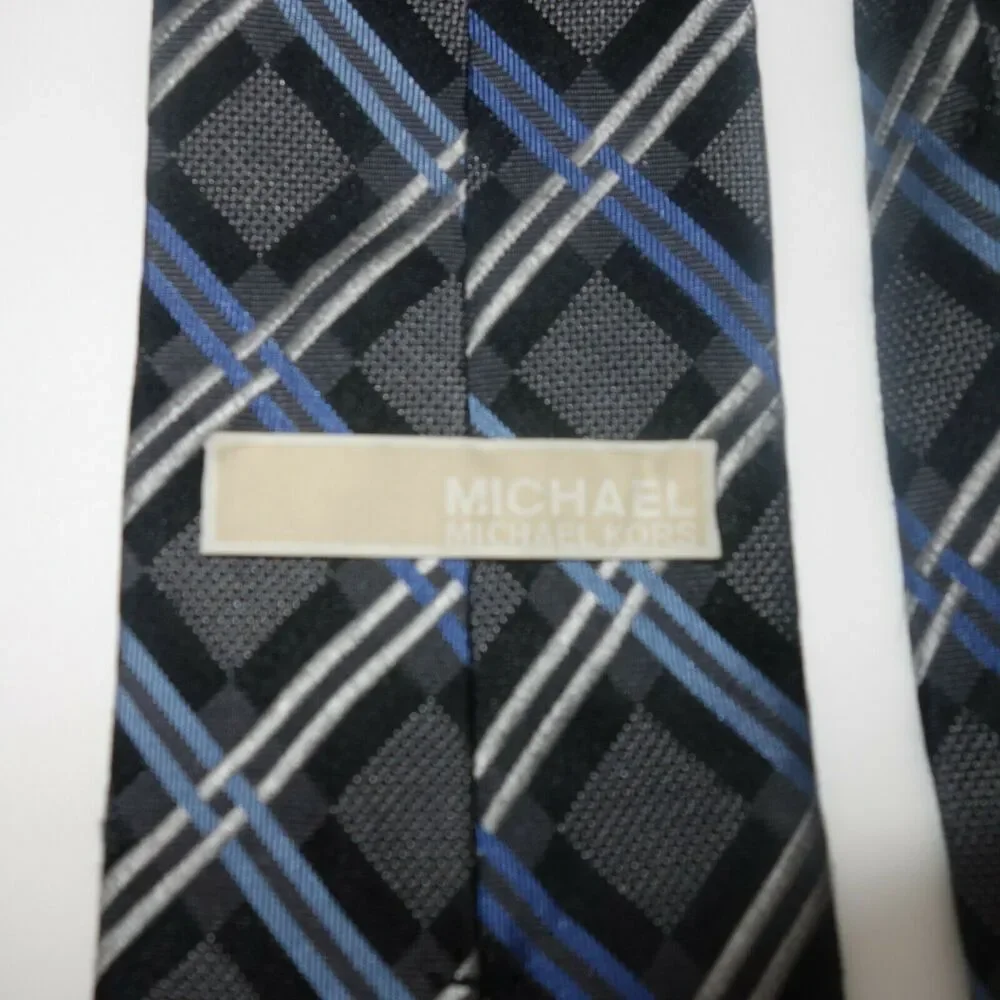 Michael Kors Classic Men's Tie Gray Black Blue Windowpane Argyle Stripe
